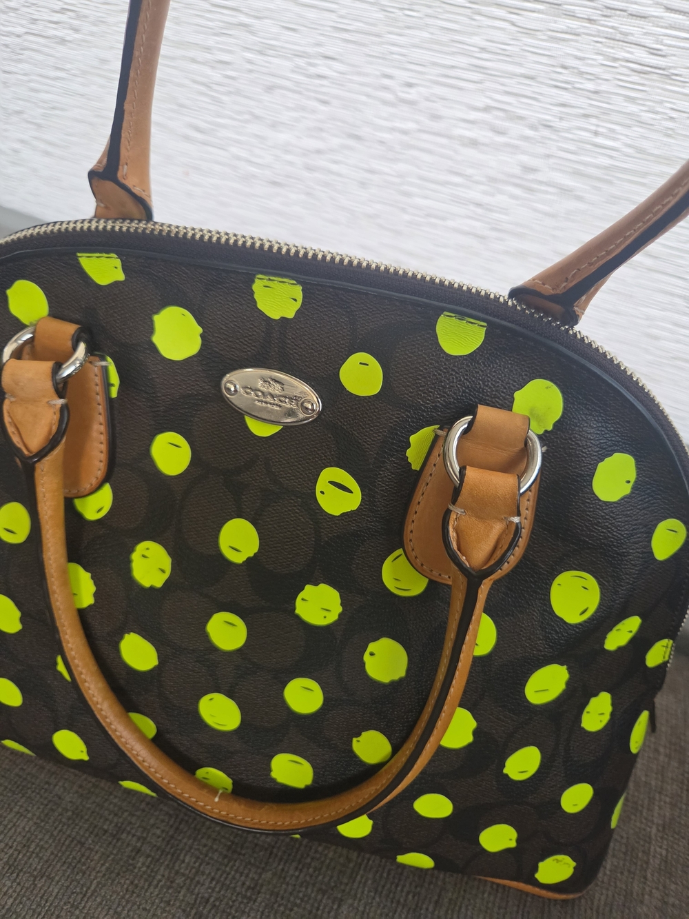 Coach Cora Domed Satchel Brown Crossgrain Leather Neon Yellow Polka Dot F33260 - Picture 2 of 6